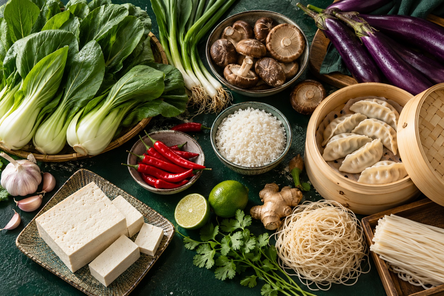Fresh Asian vegetables, rice, noodles and dumplings